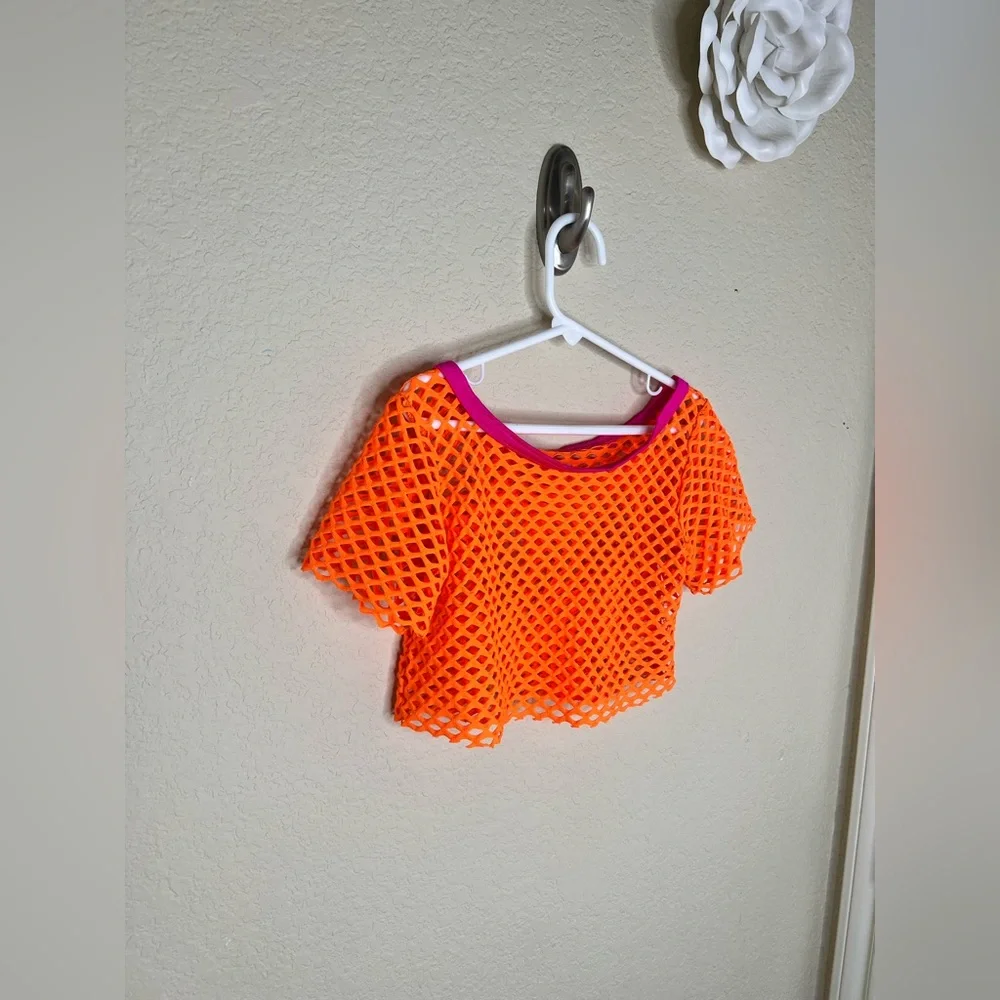 Girls Neon Orange Fishnet Dance Crop Top 80s Costume Mesh Cover Up Child M